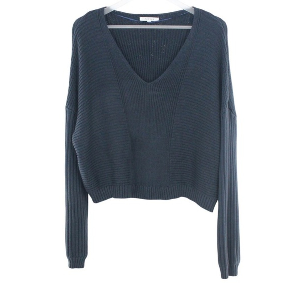 PacSun V-Neck Cropped Sweater Textured Knit Cotton Size L Navy Blue